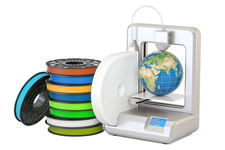 Modern 3D printer with Earth globe, 3D rendering isolated on white background