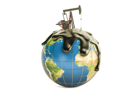 Pumpjack with crude oil on the Earth globe, oil production concept. 3D rendering isolated on the white backgroundの写真素材