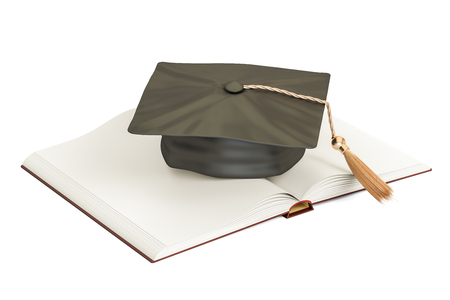 Opened blank book with graduation cap. 3D renderingの写真素材