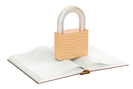Opened blank book with padlock, 3D renderingの写真素材