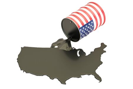 USA map with oil and barrel. Oil production concept. 3D renderingの写真素材