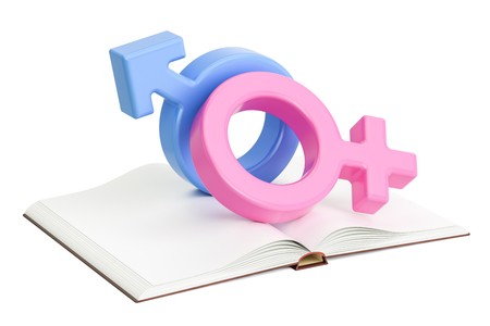 Opened blank book with female and male gender symbols, 3D renderingの写真素材