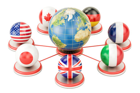 G7 global concept with Earth Globe, 3D rendering isolated on white backgroundのeditorial素材
