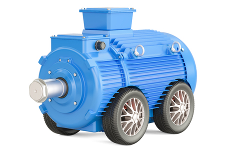 Blue industrial electric motor on car wheels, 3D rendering isolated on white backgroundの写真素材