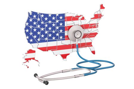 USA map with stethoscope, national health care concept, 3D renderingの写真素材