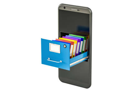 Phone data storage. Smartphone with folders in filing cabinet, 3D rendering
