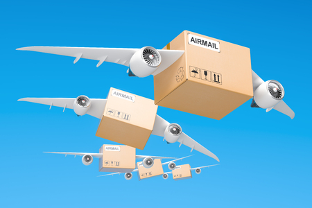 Air mail delivery concept. Parcels with wings flying in the sky, 3D renderingの写真素材