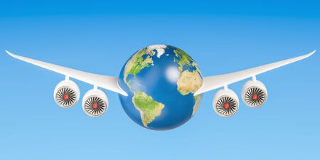 Travel concept, Earth globe with wings flying in the sky. 3D rendering