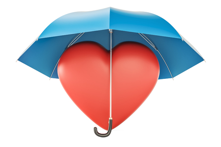 Heart under umbrella, safety and insurance concept. 3D rendering isolated on white backgroundの写真素材