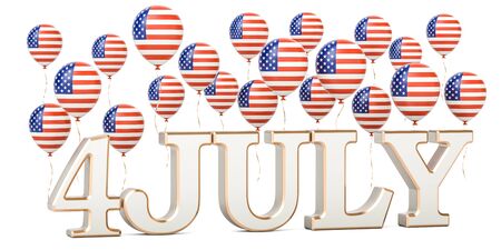 Independence day of US. USA patriotic balloons and inscription 4 July, 3D renderingの写真素材