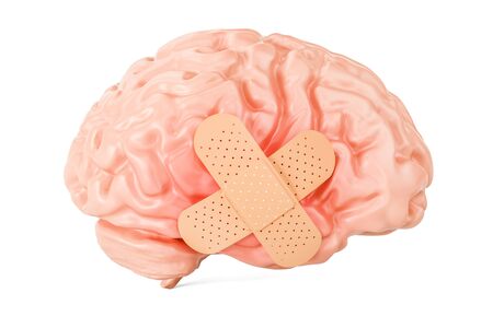 Human brain with adhesive plaster, 3D rendering isolated on white background