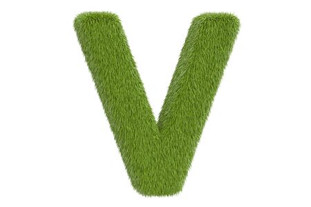 Green grassy letter V, 3D rendering isolated on white backgroundの写真素材