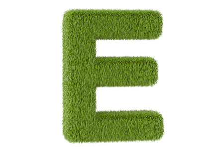 Green letter E from grass, 3D rendering isolated on white backgroundの写真素材