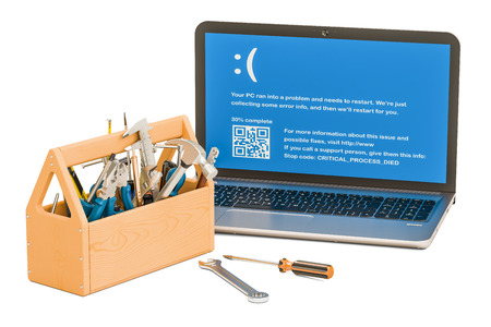 Repair and service of notebook concept. Laptop with tools, 3D renderingの写真素材