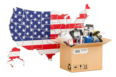 Production, shopping and delivery of household appliances from USA concept, 3D rendering isolated on white backgroundの写真素材
