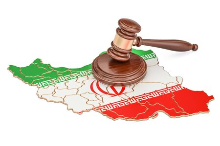 Wooden Gavel on map of Iran, 3D renderingの写真素材