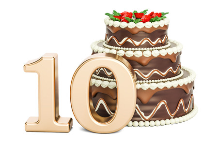 Chocolate Birthday cake with golden number 10, 3D rendering isolated on white backgroundの写真素材