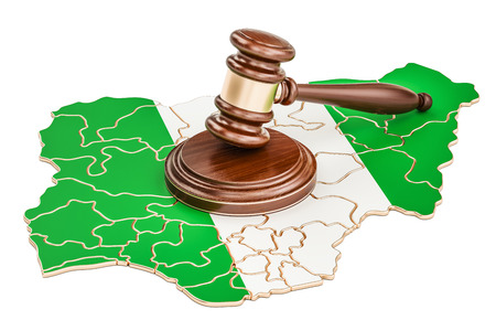 Wooden Gavel on map of Nigeria, 3D rendering isolated on white backgroundの写真素材