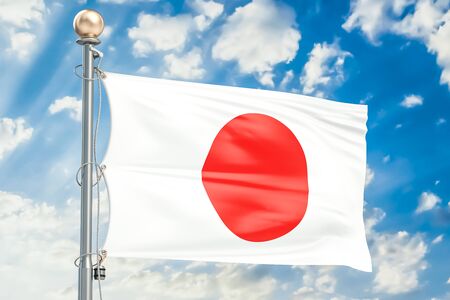 Japanese flag waving in blue cloudy sky, 3D renderingの写真素材