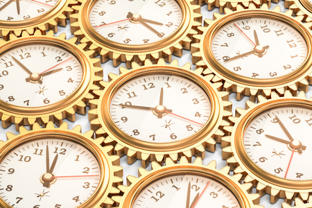 Clocks inside gears, time concept. 3D rendering
