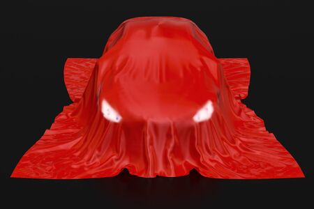 Car covered red cloth, presentation concept. 3D renderingの写真素材