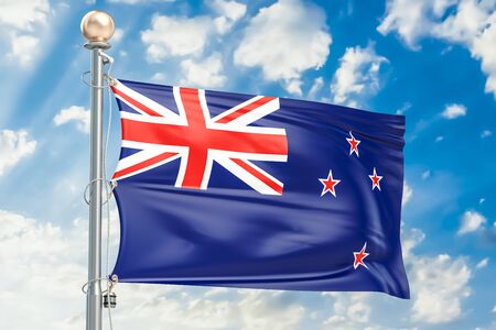 New Zealand flag waving in blue cloudy sky, 3D renderingの写真素材