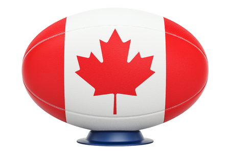 Rugby Ball with flag of Canada, 3D rendering isolated on white backgroundの写真素材