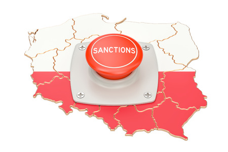 Sanctions button on map of Poland, 3D rendering isolated on white backgroundの写真素材