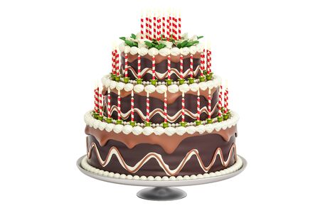 Chocolate Birthday Cake with candles on stand, 3D rendering isolated on white background
