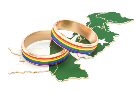 Pakistani map with LGBT rainbow rings, 3D renderingの写真素材