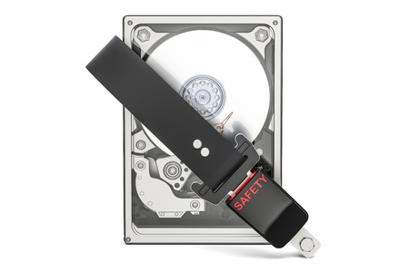 Hard Disk Drive HDD with seatbelt. Security and protection concept, 3D rendering isolated on white...