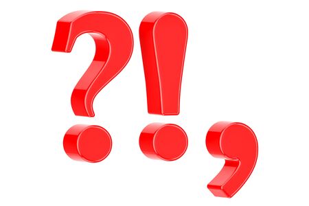 Red punctuation marks, 3D rendering isolated on white backgroundの写真素材