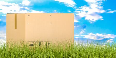 Shipping and delivery concept, parcel on grass. 3D renderingの写真素材