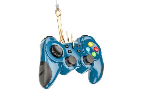 Gambling Addiction concept, fishing hook gamepad. 3D rendering isolated on white background
