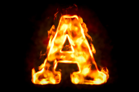 Fire letter A of burning flame light, 3D rendering isolated on black backgroundの写真素材