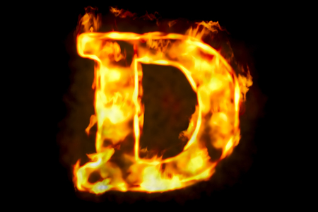 Fire letter D of burning flame light, 3D rendering isolated on black backgroundの写真素材