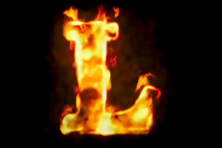Fire letter L of burning flame light, 3D rendering isolated on black backgroundの写真素材