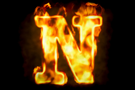 Fire letter N of burning flame light, 3D rendering isolated on black backgroundの写真素材