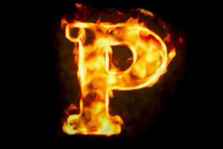 Fire letter P of burning flame light, 3D rendering isolated on black backgroundの写真素材