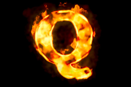 Fire letter Q of burning flame light, 3D rendering isolated on black backgroundの写真素材