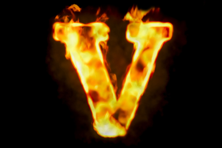 Fire letter V of burning flame light, 3D rendering isolated on black backgroundの写真素材