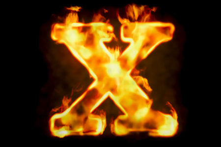 Fire letter X of burning flame light, 3D rendering isolated on black backgroundの写真素材