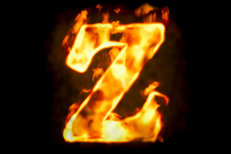 Fire letter Z of burning flame light, 3D rendering isolated on black backgroundの写真素材