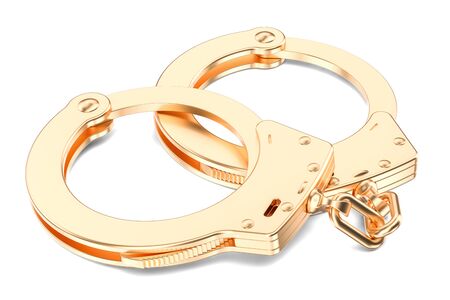 Golden Handcuffs closeup, 3D rendering isolated on white backgroundの写真素材