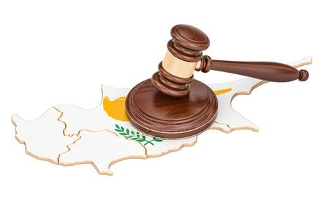 Wooden Gavel on map of Cyprus, 3D rendering isolated on white backgroundの写真素材