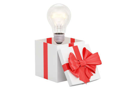Gift box with lightbulb, idea of gift concept. 3D renderingの写真素材