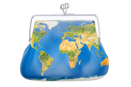 Purse with map of Earth, global commercial concept. 3D rendering  isolated on white backgroundの写真素材