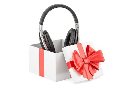 Gift box with headphones, 3D rendering isolated on white backgroundの写真素材