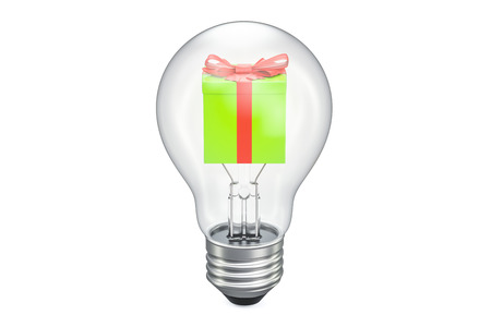 Lightbulb with gift box, idea of gift concept. 3D rendering isolated on white backgroundの写真素材