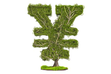 Money tree in the shape of yen or yuan symbol, 3D rendering isolated on white backgroundの写真素材